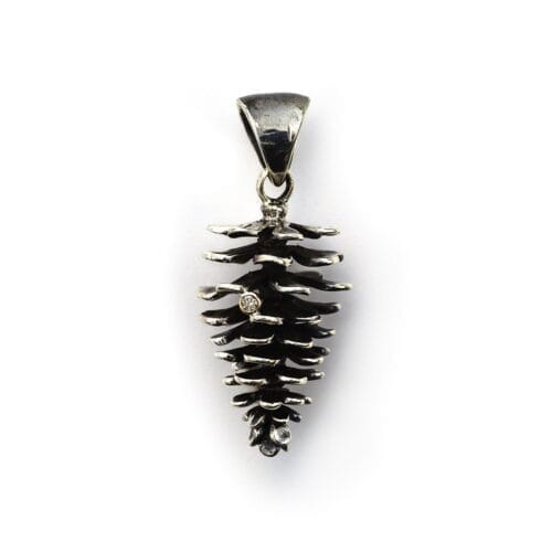 large nordic pine cone pendant jewellery of silver with a diamond