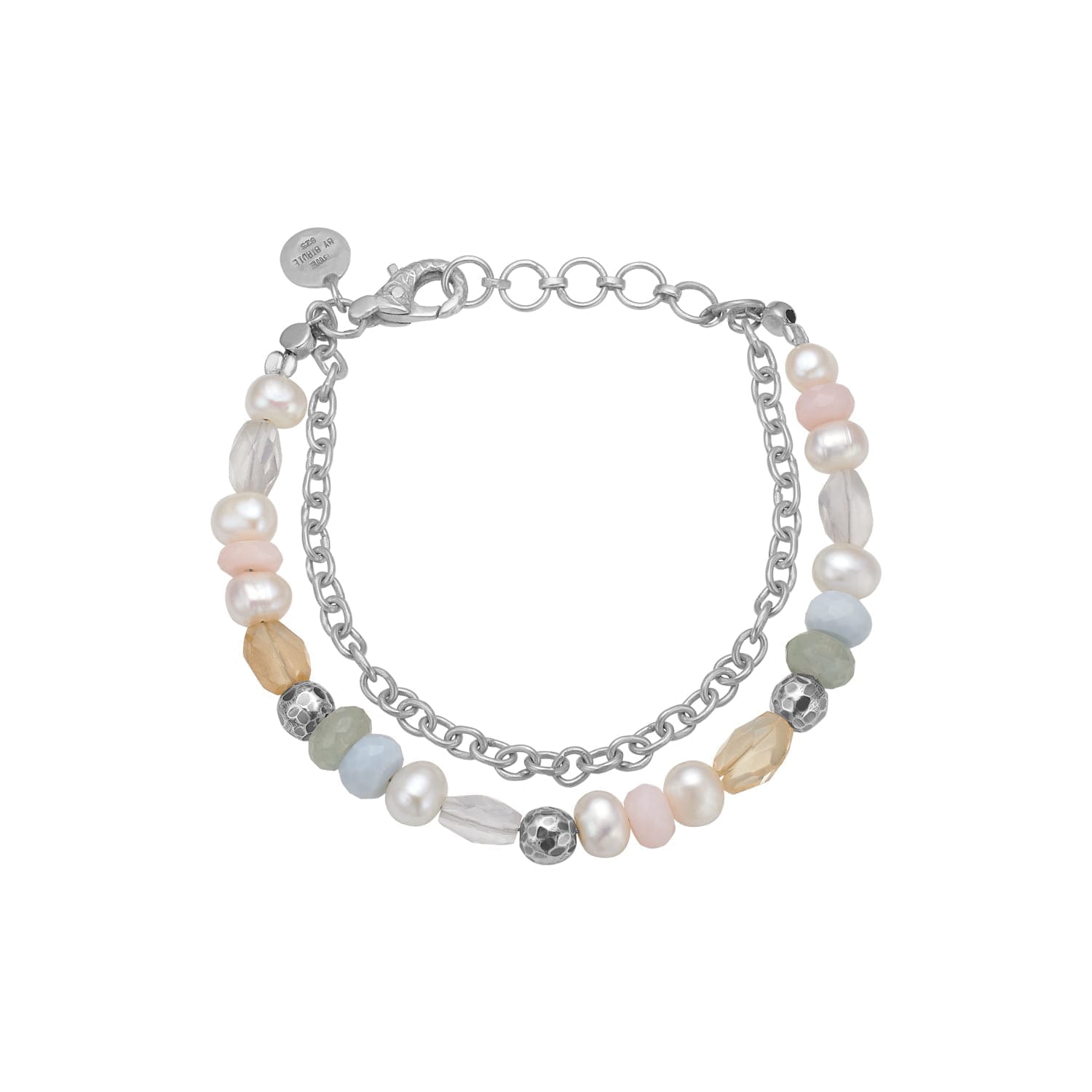 Armbånd med perler og kæde i blandede stenfarver.